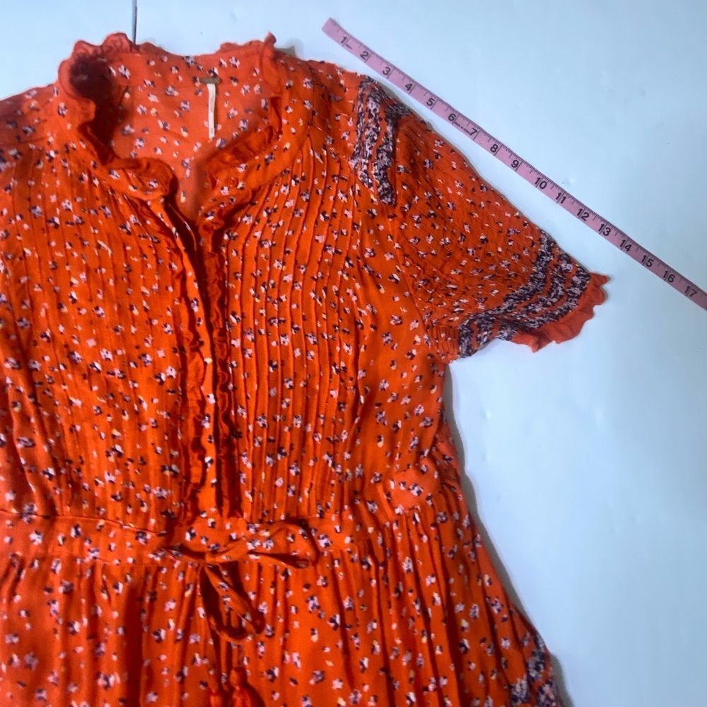 Free People Orange Floral Boho Tiered Midi Dress Ruffle Sleeve Size M - Picture 11 of 13